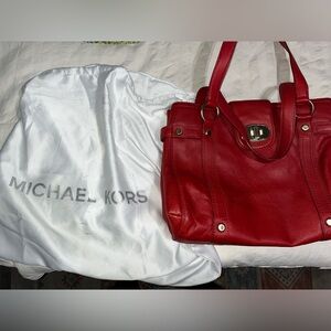 MICHAEL KORS Large Red Leather Bag Turn Lock Tote Double Handle Satchel